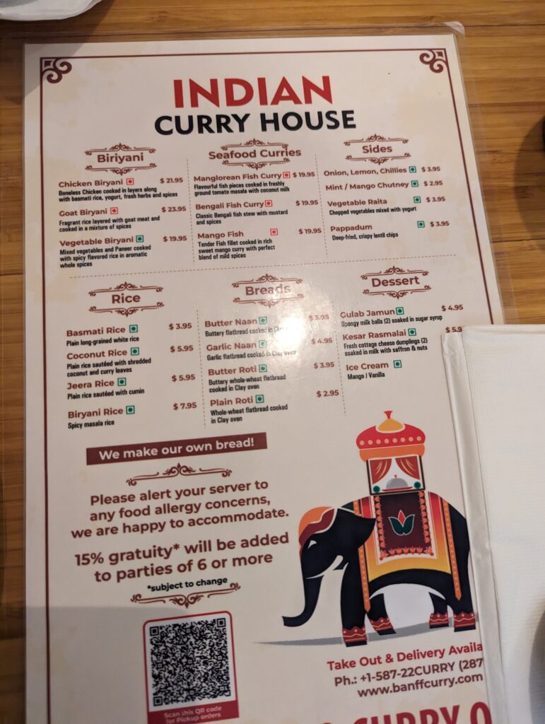 Indian curry house banff menu